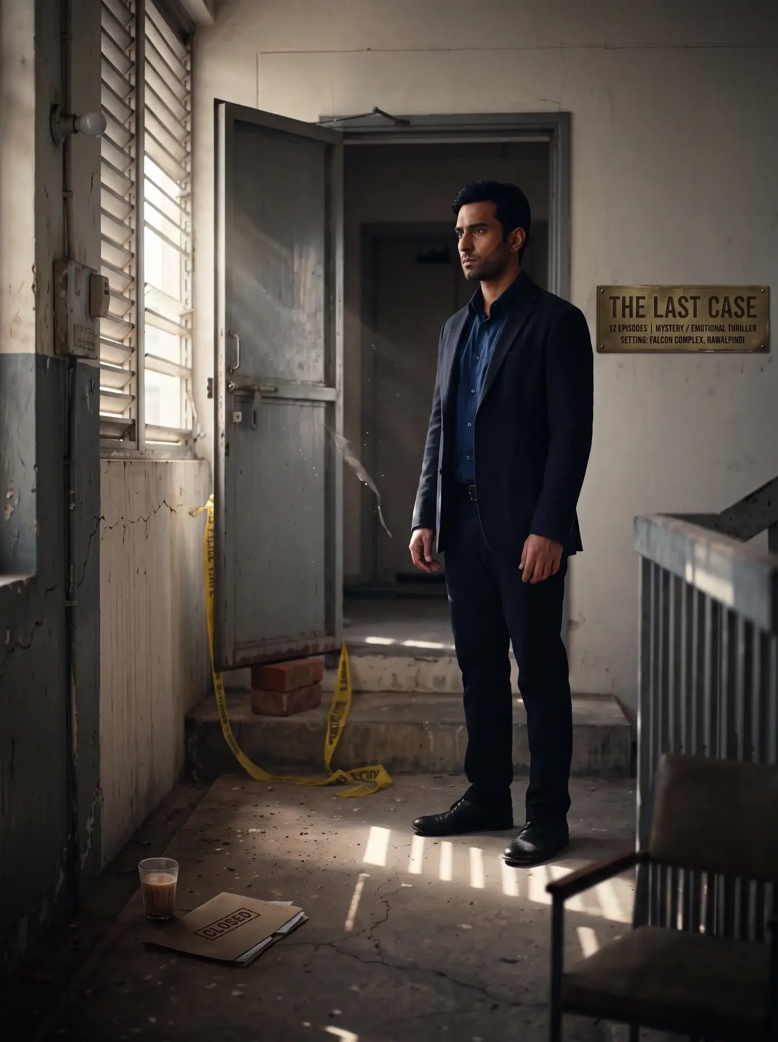 A man in a dark jacket stands beside a broken rooftop railing against a moody, rainy night skyline.