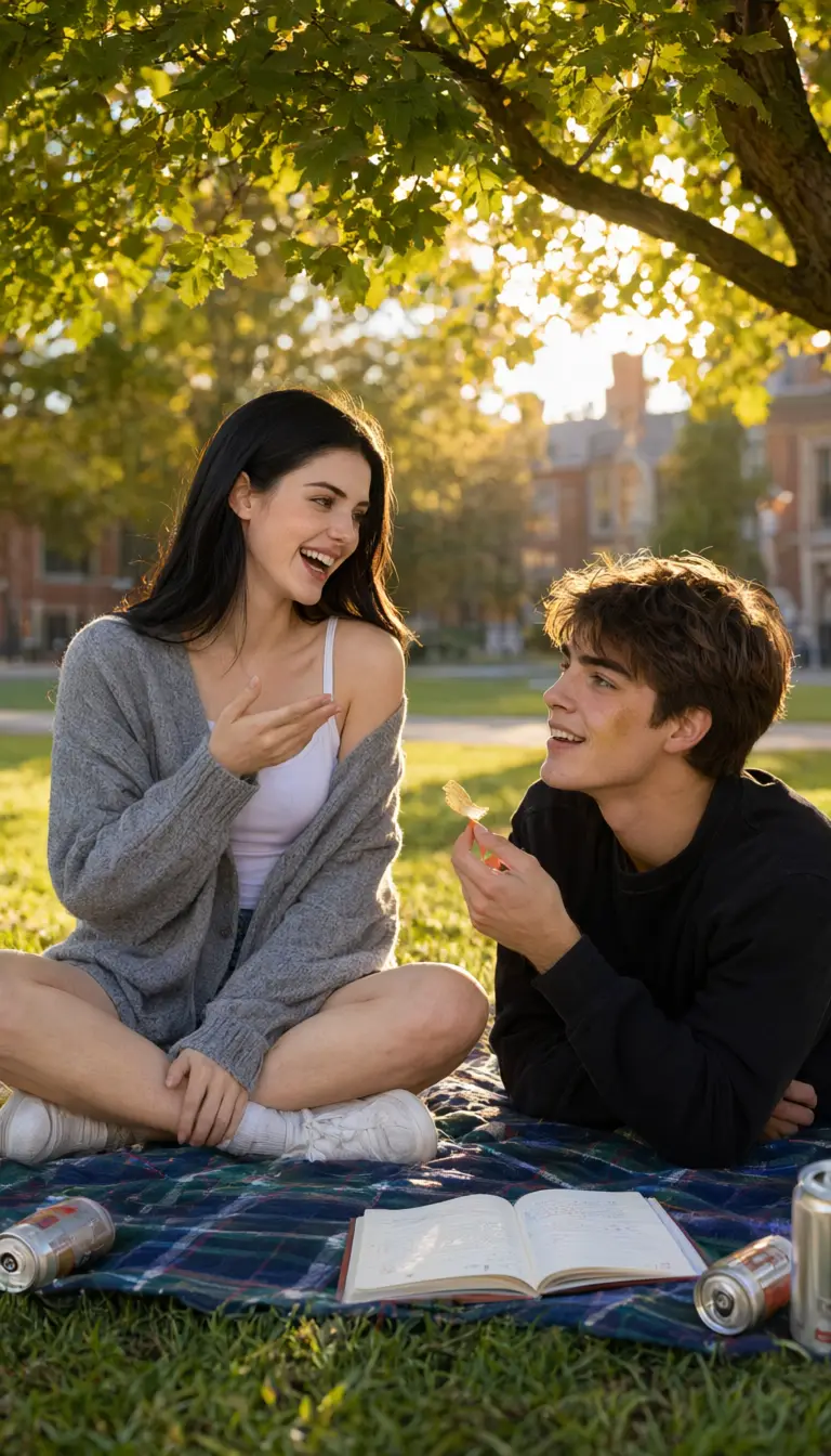 Vertical medium close-up of a young college couple standing face-to-face on an empty road bathed in warm car headlights, evoking an intimate, emotional romantic mood.